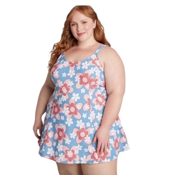 Esther Williams ModCloth 10 One Piece Swim Dress Shorts Blue Chic Let Fun Bloom - Picture 1 of 13